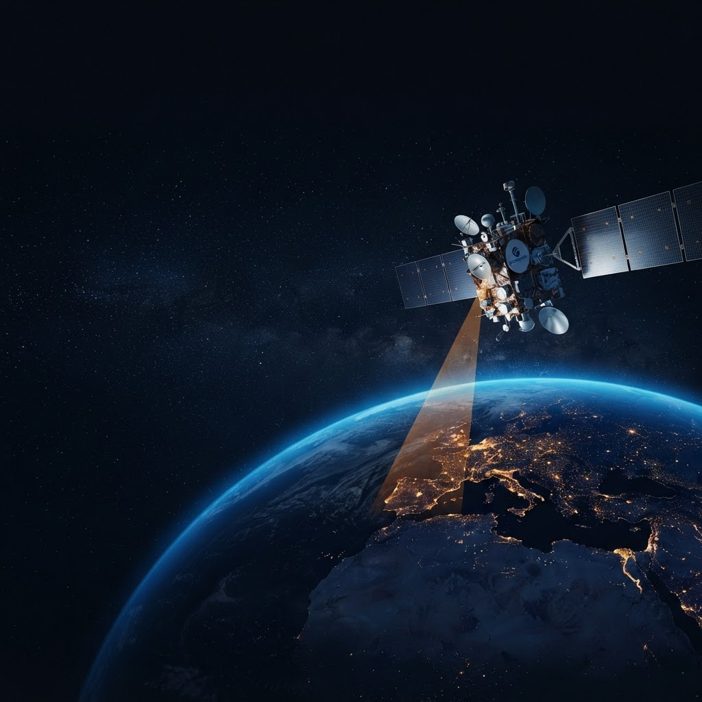 Communications satellite orbiting above Earth at night